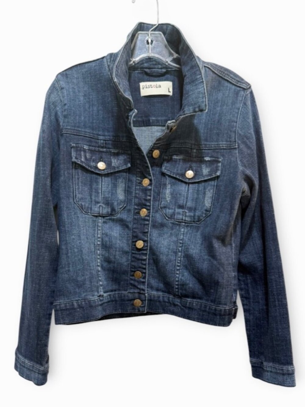 Pistola Dark Wash Distressed Denim Trucker Jacket Womens Large